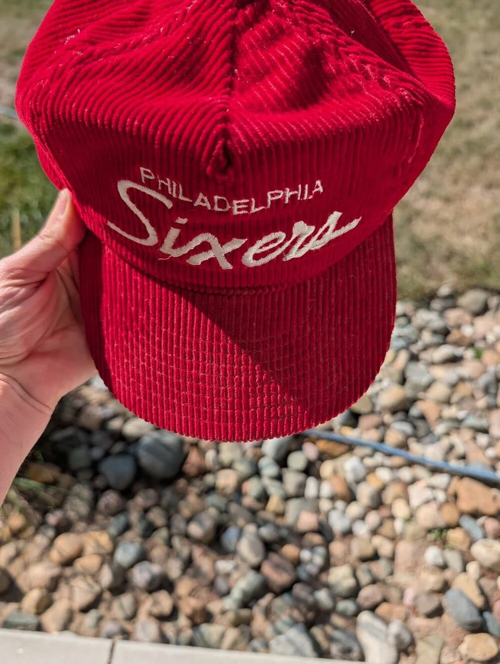Rare Vintage Philadelphia Sixers Red White Corduroy Hat Retro NBA Snapback Vtg